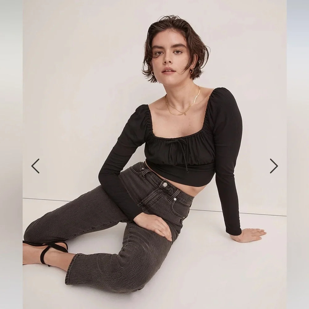 Madewell Ribbed Square-Neck Long-Sleeve Top, Black, Medium or Large, NWT